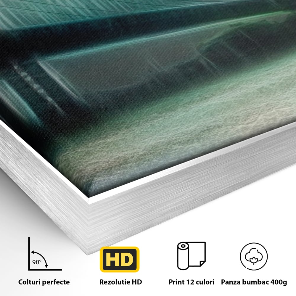 Detaliu al suprafetei: tablou canvas cu pod suspendat pe furtuna, in rama de aluminiu argintiu